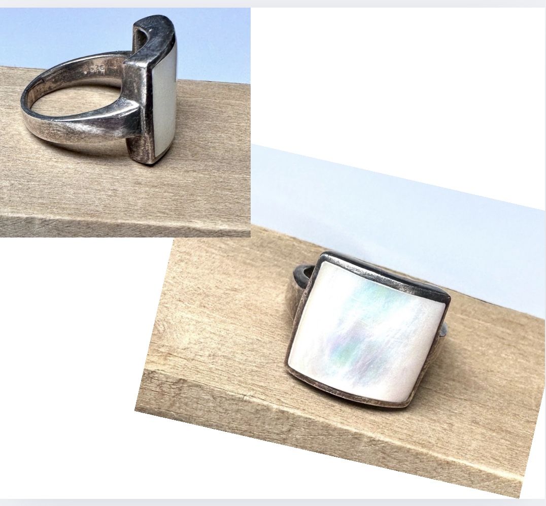 Vintage 925 Mother Of Pearl Sterling Silver Ring Large Face Women’s Size 8