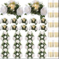 Yunlly Artificial Rose Candle Rings Wreaths 3 Inch Wedding Centerpiece LED Flameless Candles Eucalyptus Rings For Centerpiece For Tables Party Valenti