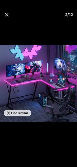 L Shaped Gaming Desk with Led Lights Corner Computer Desk,L shaped desk, Home Office Desks Writing Workstation with Large Monitor Stand, Easy to Assem