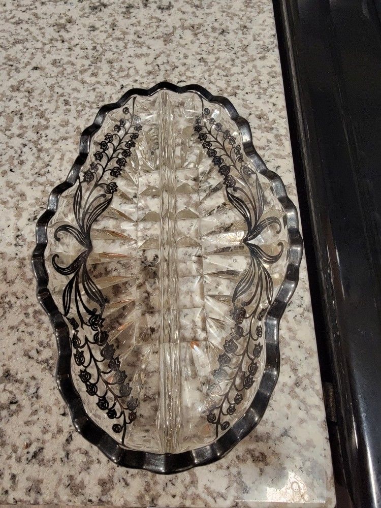 Vintage Silver Overlay Crystal Jewelry Vanity Tray