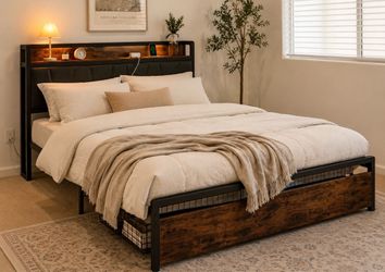 MUST GO! Full Size Bed Frame w/ Storage, Headboard & Charging Station