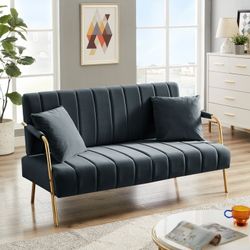 Mid-Century Modern Velvet Upholstered Fabric Couch, Convertible Sofa with Gold Metal Feet &Throw Pillows, Accent Sofa Loveseat Sofa for Living R