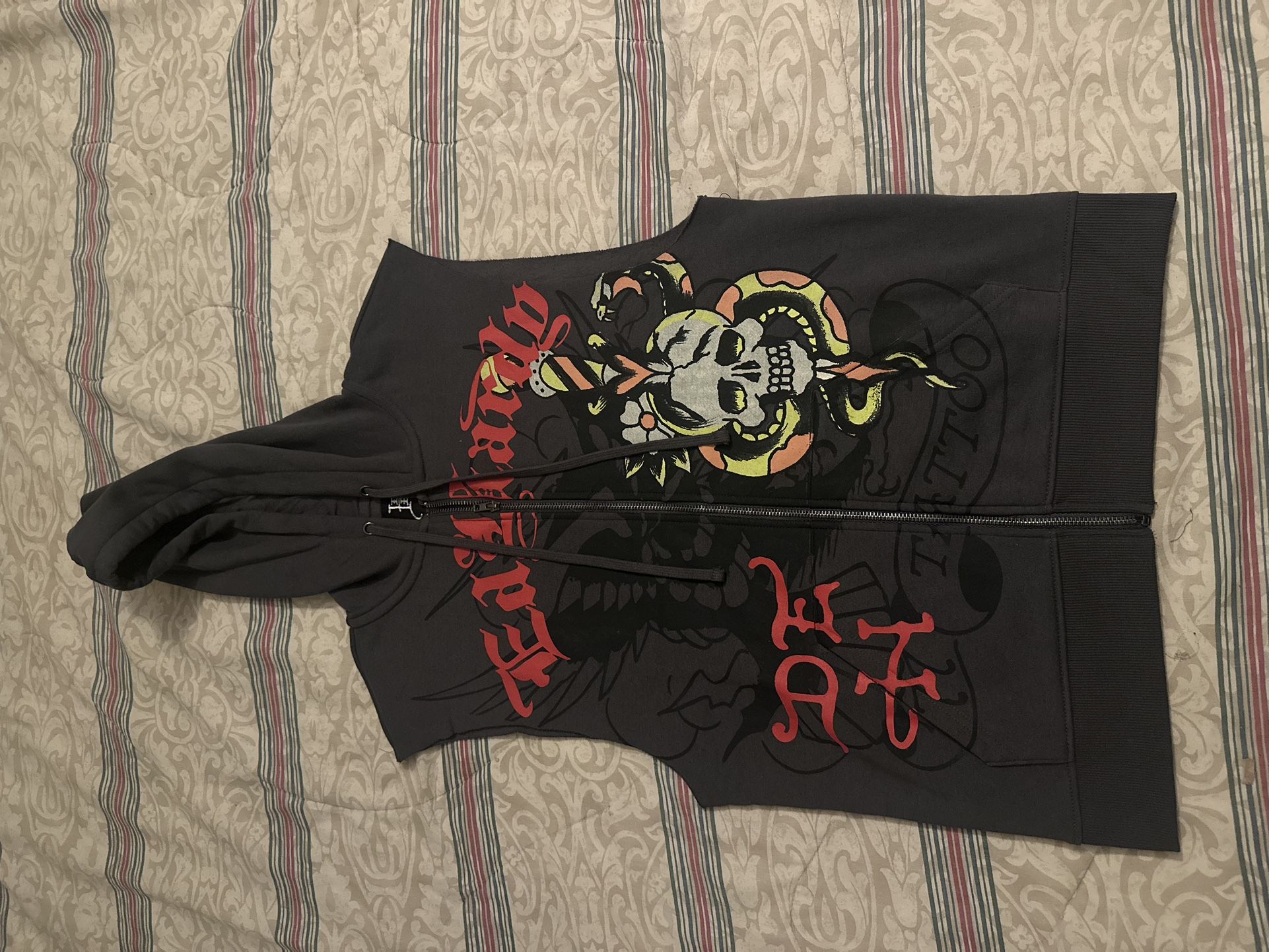 Brand New 100% Authentic 2025 Dark Grey Don Ed Hardy Sleeveless Vest w/hoodie