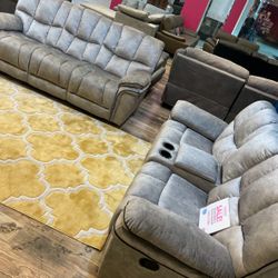 Summer sale event. Barcelona, soft gray reclining sofa and loveseat set now $1199. Easy finance option. Same day delivery.