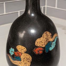 Vintage Asian Japanese Sake Bottle Vase Black Porcelain with Gold Red Blue Green Cloud Details
