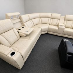 Leather Reclining Sectional Sofa with Cup Holders