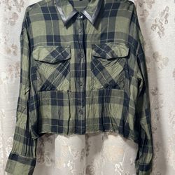 Express Green and Black Plaid Button Down Shirt
