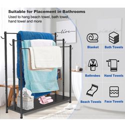 Extra Large Free Standing Towel Rack with Metal Storage Shelf & 6 Hooks for Bathroom, 3 Tiers Heavy Duty Blanket Drying Stand Holder for Outdoor Pool,