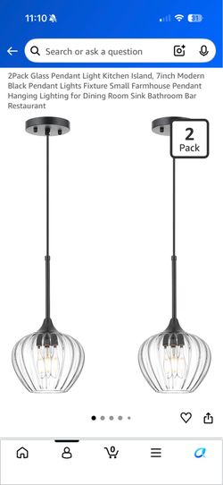 2Pack Glass Pendant Light Kitchen Island, 7inch Modern Black Pendant Lights Fixture Small Farmhouse Pendant Hanging Lighting for Dining Room Sink Bath