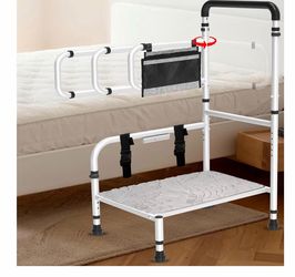 Bed Steps for High Beds for Adults/Elder,360° Anti-Fall Bed Armrest 45-50" Adjustable Height,Heavy Duty Steel Pedal, 4 Fix Strap,Motion Sensor Light,S