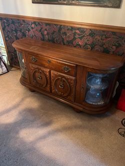 Vintage Wood Buffet Sideboard with Glass Cabinets