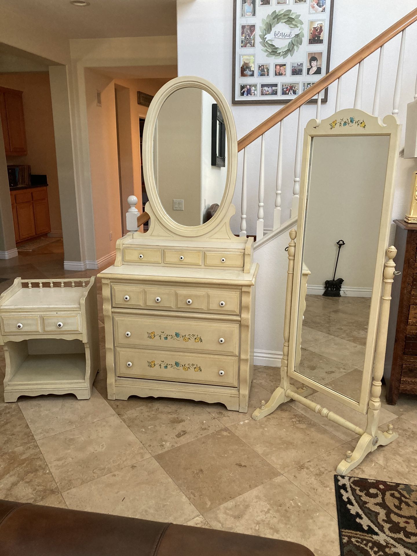 Shabby chic dresser with attached mirror, nightstand and stand up mirror