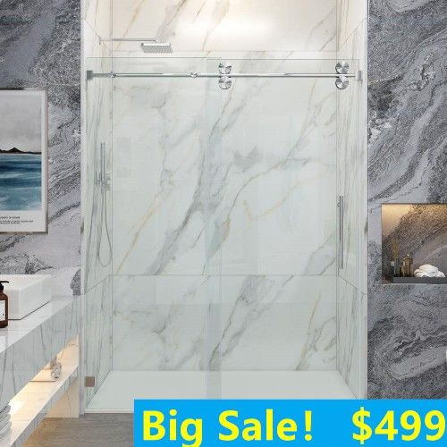 60 in. W x 76 in. H Single Sliding Frameless Shower Door in Brushed Nickel with Smooth Sliding and 3/8 https://offerup.com/redirect/?o=aW4uR2xhc3M= ON