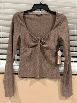 Women's Eyelet Knit Tie-Front Long Sleeve Top