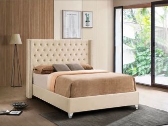 Queen Beige velvet Bedframe 🔥 Open box