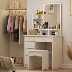 Elegant Vanity Desk + Large Mirror+ 5 Drawers + Storage Shelves+ Cushioned Stool