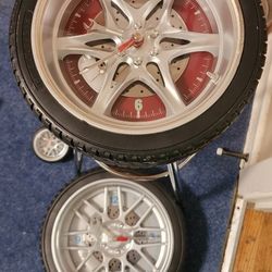 (3) CLOCKS SET/Car Wheel/Rim Stool, Wall Clock, Desk Clock
