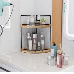 Dorhors 2-Tier Bathroom Counter Organizer,Vanity Counter Corner Shelf, Skincare, Wood Countertop Bathroom Storage and Organization for Kitchen (Brown)