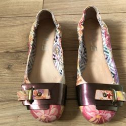 Womens Mjus Leather Floral Ballet Flats With Metallic Buckle Size 37