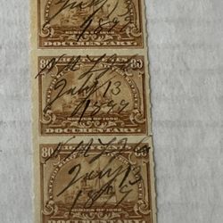 United States Battle Ship Strip Of 3 With Hand Cancellations 
