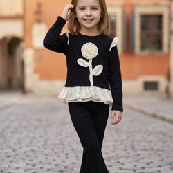 2 Piece Set Stretchable Long Sleeve Top and Flared Pants Autumn Winter Outfit for Toddler Girl Children Size 3T New Condition with Tag