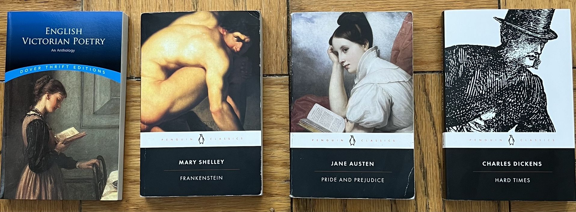 Classic English Literature Books — Victorian Poetry, Frankenstein, Pride and Prejudice, and Hard Times 