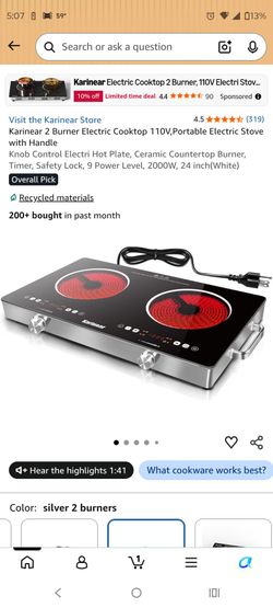 Karienvir 2 Burner Electric Cooktop 110V, 2000W, 24" Plug-in & Built-in