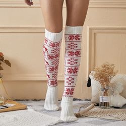 Women Christmas Knitted Cotton Woolen Stocking Warm Thigh High Over the Knee Printing Crochet Socks
