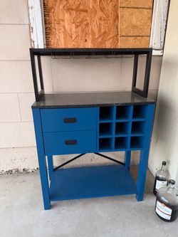 Blue Bar Cabinet with Wine Rack and Hutch