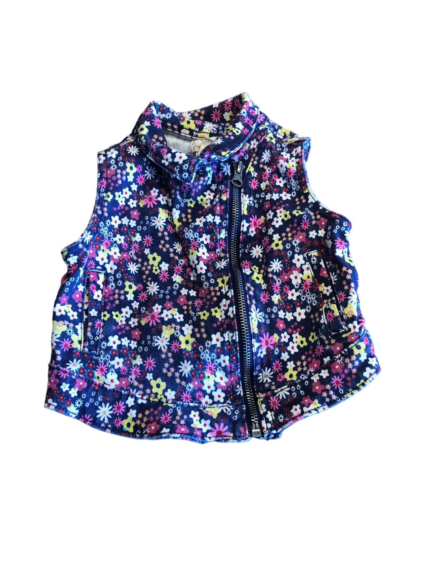EUC 3T Floral Denim Asymmetric Sleeveless Zipup Vest