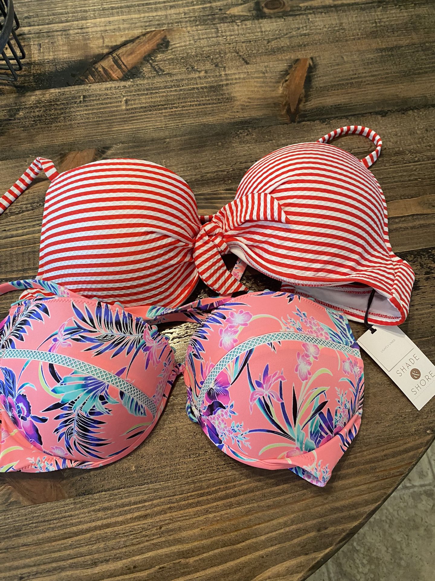 NEW Shade Bikini Swim Suit Tops- Set of 2- Pink ruffled tropical/Nautical red ladies Size 36 Cr