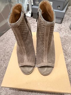 MUST GO! Taupe Suede Perforated Open-Toe Booties - size 7