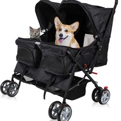 Pet Stroller Twin Folding Dog Cat Carrier Travel Cart, Black