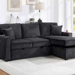 New Black Corduroy Sectional Sleeper Sofa Couch with USB & Storage! WOW Free Delivery 🚚!