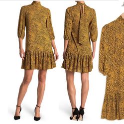 Nanette Lepore Drop Waist Pleated Hem Cheetah Print Dress in Black & Gold 