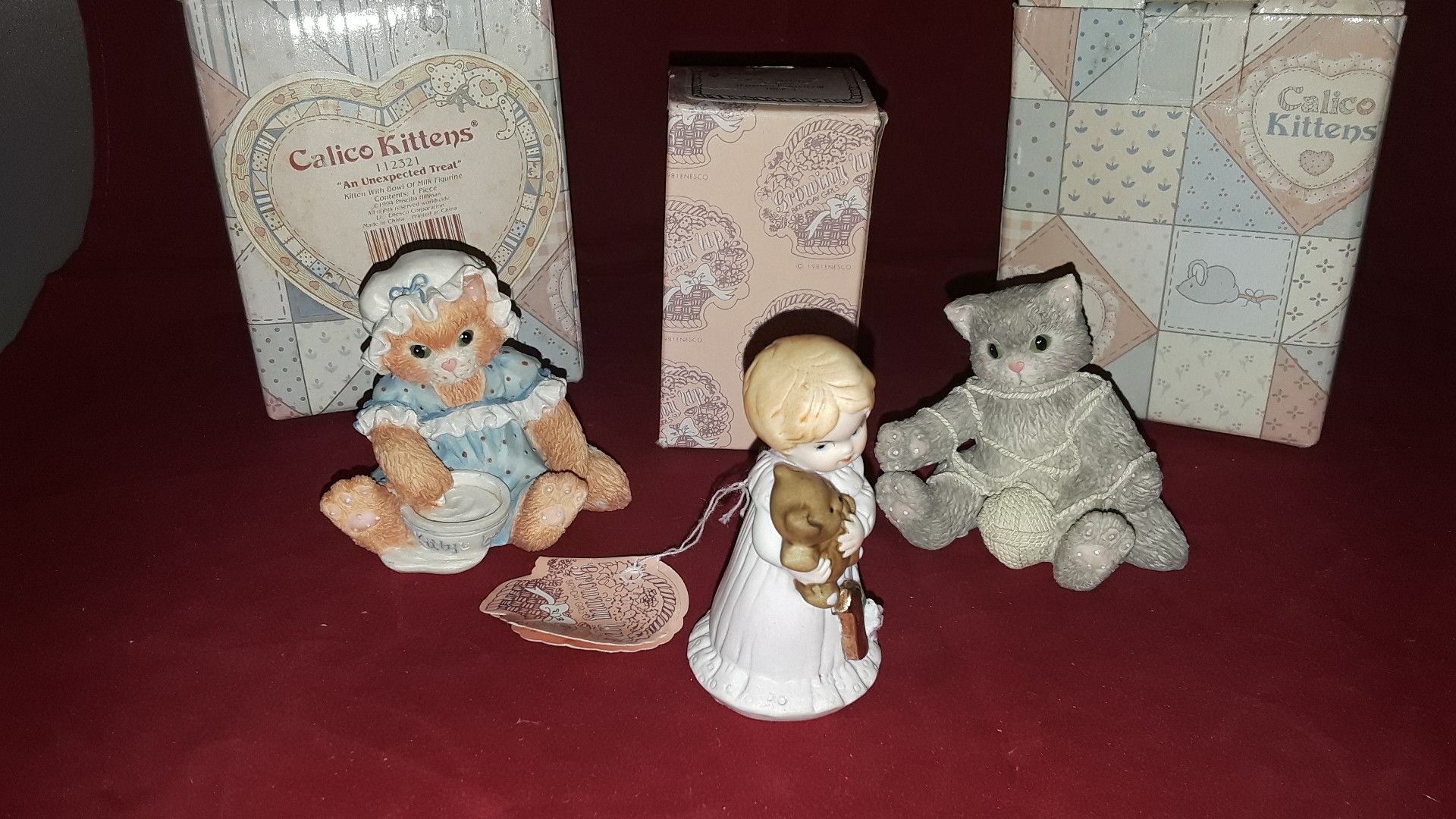 3 ENESCO FIGURINED--2 CALICO KITTENS "AN UNEXPECTED TREAT" & "A PLAYFUL AFTERNOON PLUS "GROWING UP"