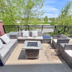 11-Piece Outdoor Furniture Set with Gas Fire Pit + Storage – $500 OBO 