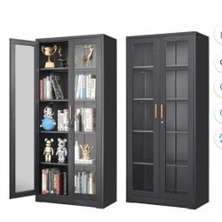 Polup 71'' H Black Modern Metal Display Cabinet with Glass Doors and Shelves China Cabinet Kitchen