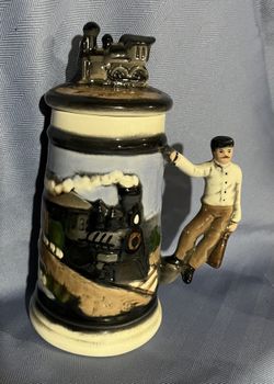 Vintage Ceramic, Beer Stein train on lid Conductor On Handle