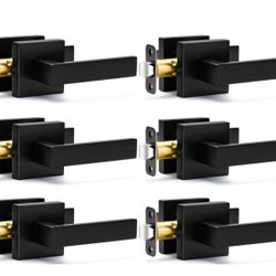 6 Pack Passage Door Handles Matte Black Door Knobs, Interior Door Knobs Square Heavy Duty Non-Locking Handlesets Hall Closet Handles, Reversible for R