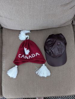 Canada Knit Beanie and Brown Leather Baseball Cap (kids size around 10-12)