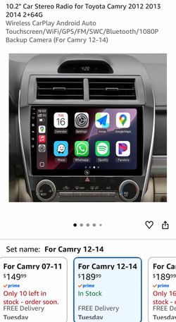 10.2" Car Stereo Radio for Toyota Camry 2012 2013 2014 2+64G Wireless CarPlay Android Auto Touchscreen/WiFi/GPS/FM/SWC/Bluetooth/1080P Backup Camera (