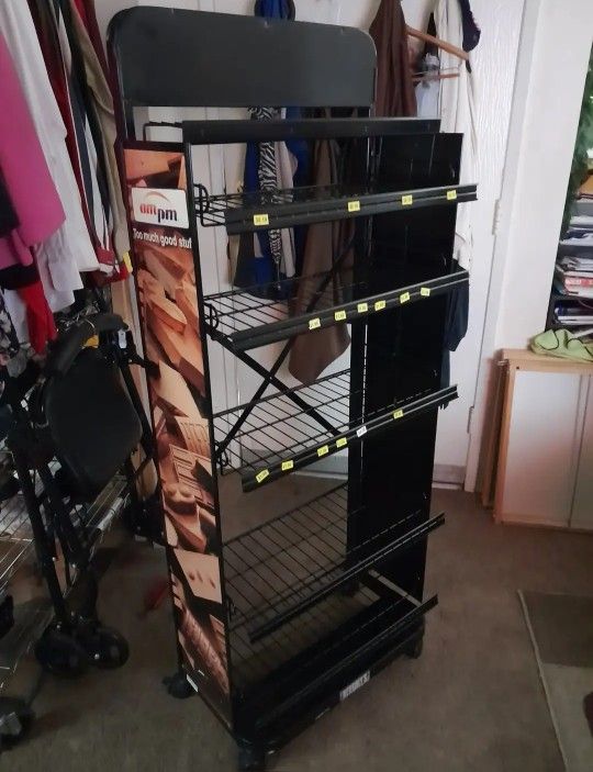 Mobile Retail Store Display With 6 Shelves On Wheels With Sign Holders mobile-retail-store-display-with-6-shelves-on-wheels-with-sign-holders