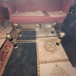 Vintage Brass Stand Glass Table & 2 End Tables
