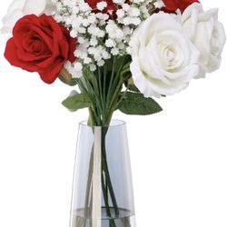 Fake Flowers with Vase, Silk Roses Artificial Flowers in Vase, Faux Flowers with Glass Vase for Coffee Table Decor, Living Room Bathroom Plant Decor, 