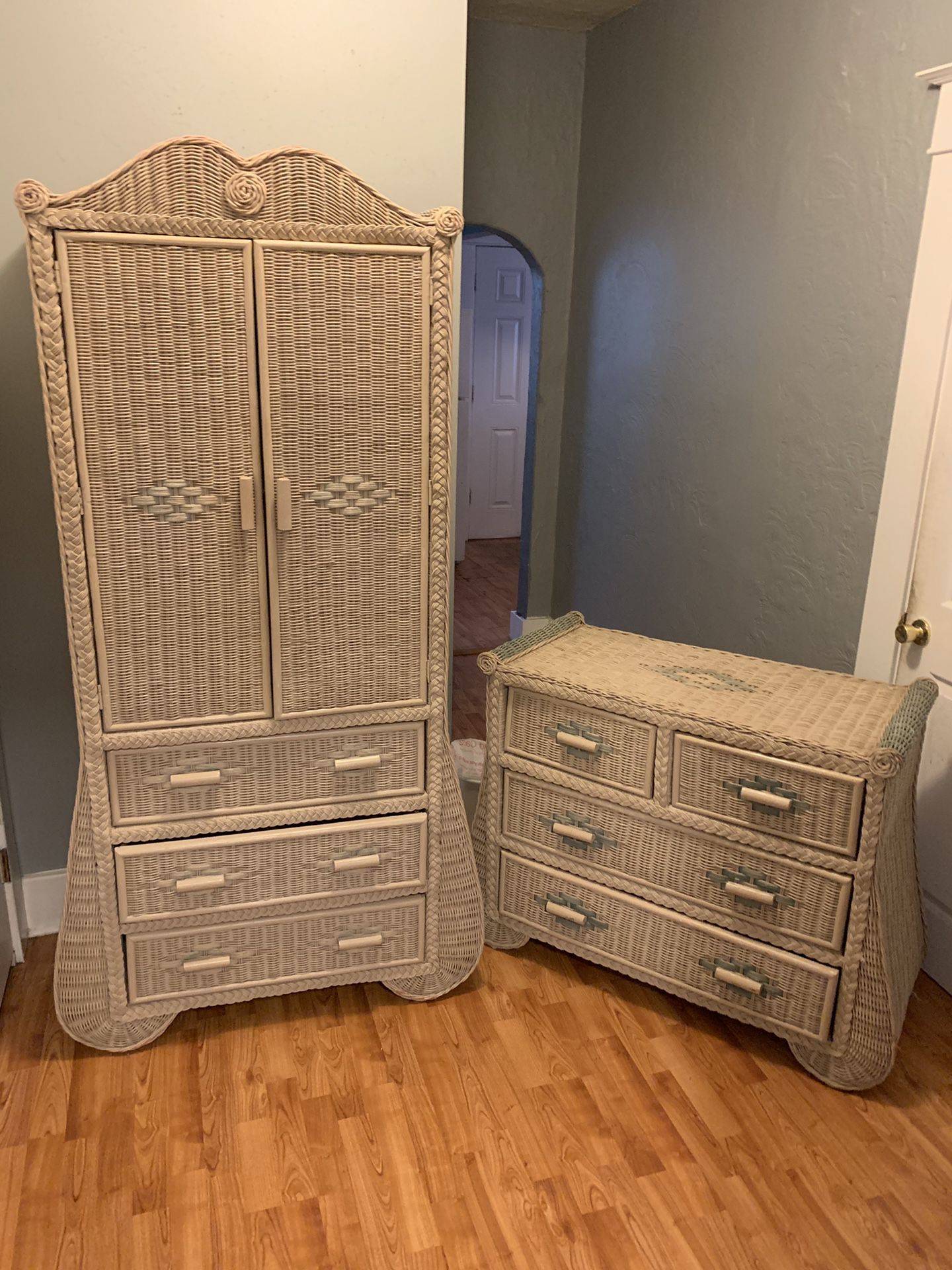 Wicker Armoire and Dresser Set