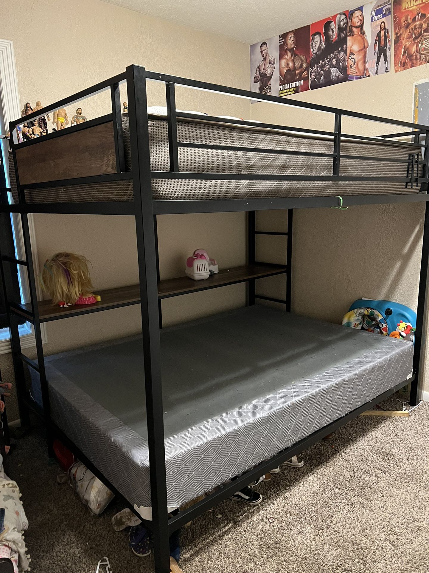 Metal Bunk Bed Full Over Full With Shelve. 
