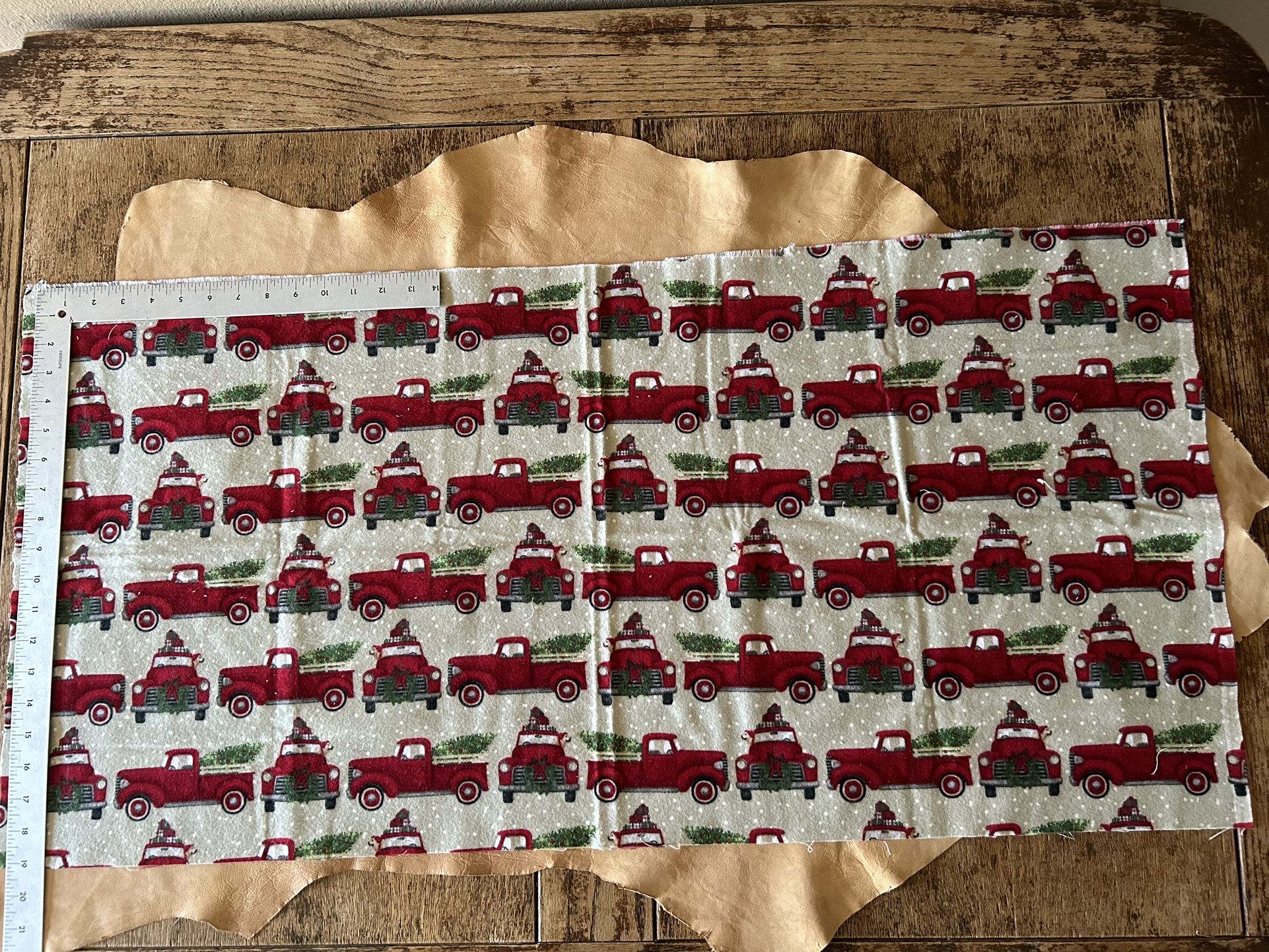 Christmas Red Pick-up Truck Flannel Fabric Remnant