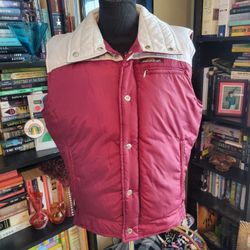 Vintage Women's Jordache Puffer Vest Maroon Cream Snaps Pockets Sz M