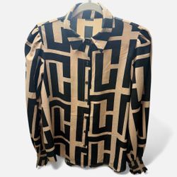 Women’s Large Button Down Beige & Black Long Sleeve Top | Work Top